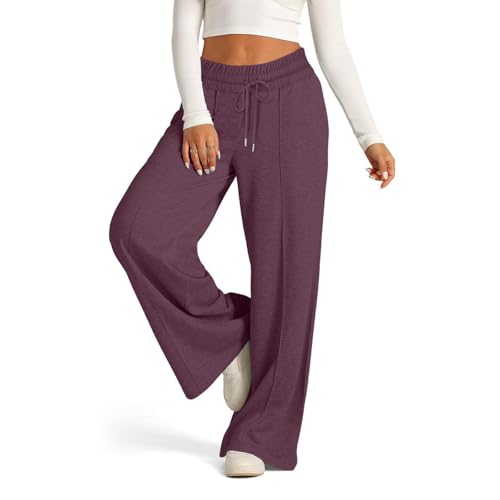 Pantalones de pierna recta para mujer, cintura elástica, pantalones de color sólido con bolsillos, pantalones casuales clásicos cómodos y holgados, pantalones modernos y versátiles con bolsillos, Vino