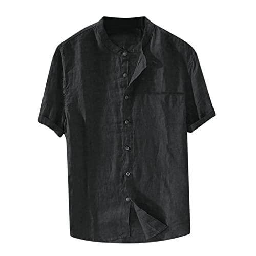 Chemise en lin à manches courtes en coton pour homme - Coupe ample - Col uni - Chemise Henley à boutons - Couleur unie, Noir , XXXXL Cover