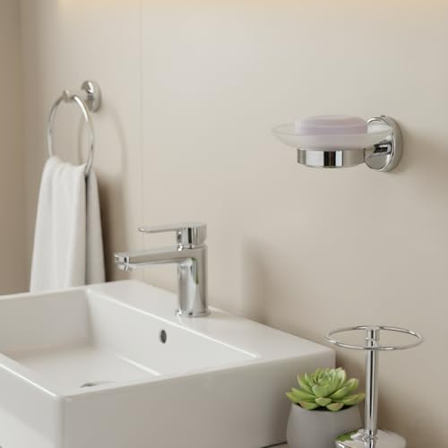 Image of Premium Frosted Glass Soap Dish for Bathroom and Kitchen | Round Countertop Soap Holder Case with Raised Interior Ridges for Shower Sink & Vanity Counter, Matte White Finish (Round 29)