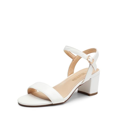 DREAM PAIRS Sandalias de tacón bajo para mujer, puntera abierta, correa al tobillo, clásicas, cortas y gruesas con hebilla, para el trabajo diario, boda, fiesta, Blanco-poliuretano, 38.5 EU Ancho
