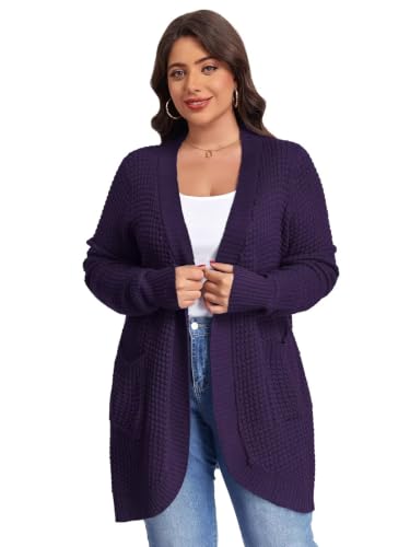 Image of LARACE Long Cardigans for Women Plus Size Tops Open Front Sweaters with Pockets Waffle Ribbed Sleeve Loose Fall Outwear