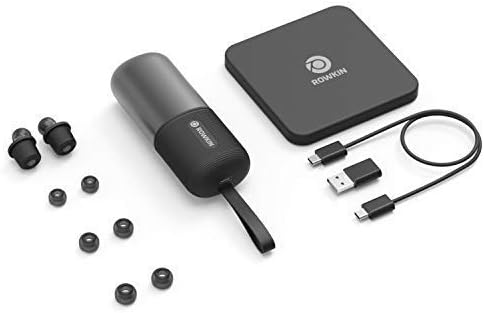 Contents of the Rowkin Ascent Charge+ package including earbuds, charging case, cables, and ear tips.