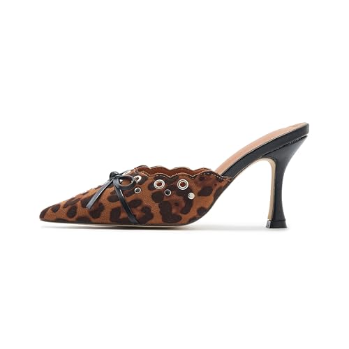 Image of Kitten Heel Mules for Women Bow Tie Suede Stiletto Heels Mule Pointed Toe Studs Slide Heeled Sandal Pumps for Wedding Dress Party
