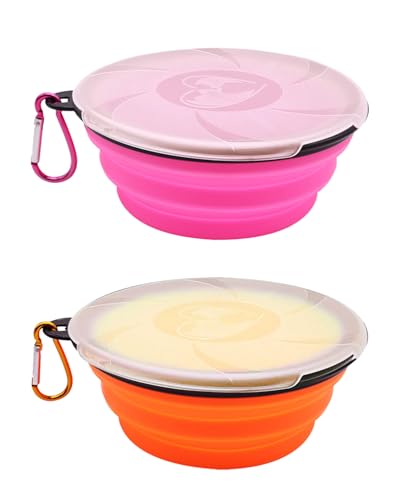 KGDUYC 2 piezas cuencos plegables para perros – Cuencos para perros, cuenco de silicona portátil, para perros con tapa y mosquetón para viajes y senderismo (naranja + rosa)