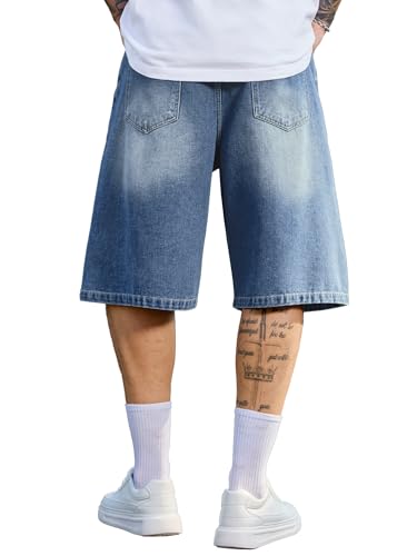 Image of PLEPAN Mens Super Baggy Jean Shorts 12 inch Vintage Loose Fit Wide Leg Long Jorts Y2K Streetwear Below Knee Denim Shorts