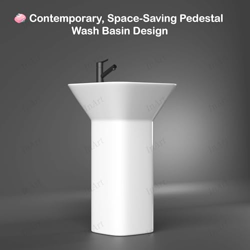 Image of InArt One Piece Ceramic Pedestal Free Standing SquareWash Basin for Living Room and Bathroom (17 x 17 x 32 Inch, White)