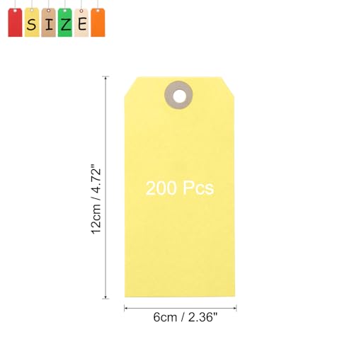 QUARKZMAN 200 Stück Hängeetiketten, Versandetiketten mit Drahtschnur, Papieretiketten zum Beschriften, geeignet für Gepäck, Kleidung, Weinflaschen (12,1 cm x 6 cm, Zitronengelb)