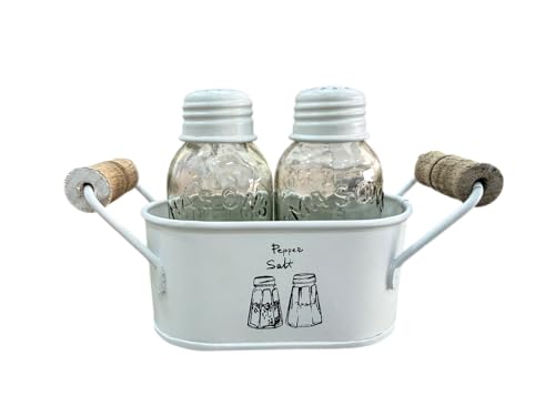 Image of JISCOVERY Salt and Pepper Dispenser Set for Dinning Table with Stand| Glass Bottom Spice Shaker Set with Metal Holder| Spice Sprinklers| 100 ML Each (White)