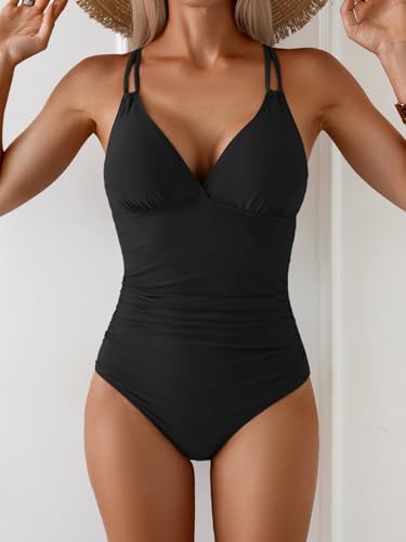 Image of Aidonger Women's One Piece Color Block Swimsuit Tummy Control Slimming Bathing Suit V Neck Cutout High Waisted Swimwear