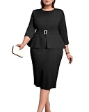 ONTINVA Plus Size Dress for Curvy Women Midi Church Wear to Work Bodycon Vintage Peplum 3/4 Sleeve Sheath...