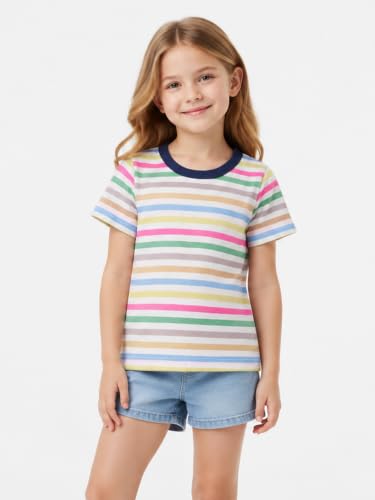 Image of LittleSpring Boys Girls T Shirt Rainbow Striped Cotton Crewneck Tees for Kids Fashion