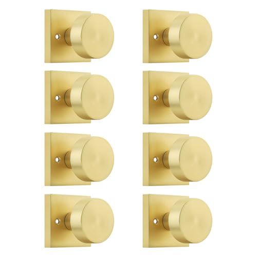 Probrico Gold Dummy Door Knobs, Brushed Brass Half Dummy Handles, Interior Dummy Doorknobs on Square Rose, Single Side Dummy Door Handles,8 Pack