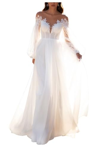 Womens Tulle A Line Wedding Dresses for Bride with Sleeves V Neck Lace Applique Wedding Gown Long Bridal Dress