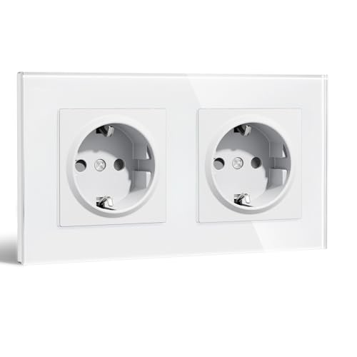 BSEEDLIFE Enchufe Pared,Enchufe Doble Pared Empotrable Estándar con Cristal,157 * 86mm 2 Gang 16A,Toma de Corriente,Fácil Instalación,Blanco