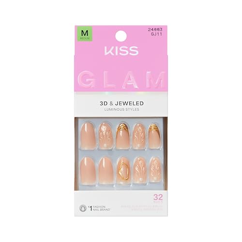 Kiss Glam, Press On Nails, Nail glue included, 'Blossoming Love', Beige, Medium Size, Round Shape, Includes 32 Nails, 2g Glue, 1 Manicure Stick, 1 Mini File