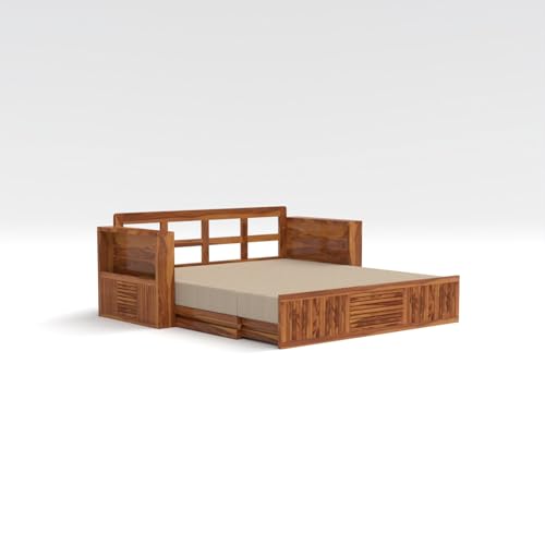 Image of Kunjal Furniture Solid Sheesham Wood Sofa Cum Bed with Storage for Living Room | Natural Finish | 3-Seater Convertible Sofa Bed | Handmade Wooden Furniture (Natural, Europian)