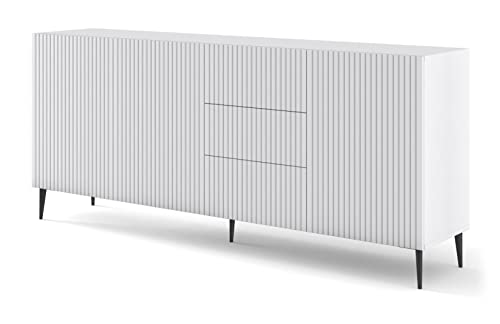 BIM Furniture Kommode mit 3 Schubladen 200 cm Breite - Sideboard mit Gefräster Front, Kommodenschrank, Schlafzimmerschrank mit Schwarze Metalltbeinen, 200x42x87 cm Weiß Matt