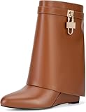 CORNMOOD Women Fold Over Boots Wide Mid Calf Brown Shark Boots Almond Toe Pull On Wedge Heeled Short Ankle Booties With Padlock