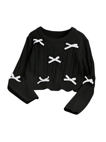 Image of SweatyRocks Girl's Cable Knit Sweater Cute Bow Crewneck Long Sleeve Pullover Sweater Black 8Y