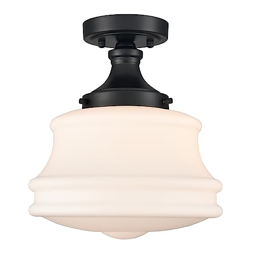 TEENYO Black Schoolhouse Ceiling Light Milk Glass Semi Flush Mount