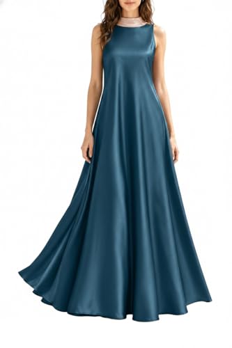 SUNSTORY Women's Maxi Satin Dress: 2026 Sleeveless Mock Neck A-Line Ruffle Swing Flowy Long Summer Tie Dresses, Semi-Formal Elegant Evening Party Cocktail Wedding Guest Dress Gown(m,Peacock Blue)