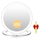 FASCINATE Travel 30X Magnifying Mirror with Light, Lighted Makeup Mirror Double Sided Magnification with 3 Color Setting & Stepless Dimming, Adjustable Rotation Rechargeable LED Vanity Mirror