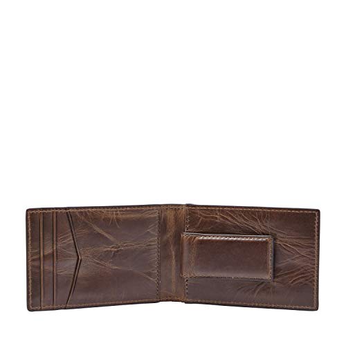 Image of Fossil Men's Derrick Leather Slim Wallet for Men, Minimalist Magnetic Money Clip Bifold Front Pocket Wallet, Dark Brown
