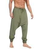 NANAMEEI Pantalon Sarouel Homme Lin Coton Été Léger Large Coupe Décontractée Taille Élastique Cordon Style Hippie Streetwear Confort Homme Vert Armée L