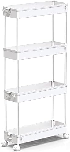 SPACEKEEPER Slim Rolling Storage Cart 4 Tier Bathroom Organizer Mobile Shelving Unit Storage Rolling Utility Cart Tower Rack for Kitchen Bathroom Laundry Narrow Places, White