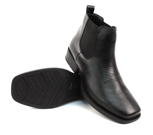AZAR MAN Mens Western Chelsea Cowboy Ankle Boots Square Toe Pull On Leather Block Heel