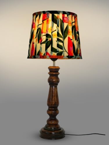 Image of Green Girgit Classic Wooden Lamp in Walnut Brown Color with Pleeted Yellow Leaves Shade, Vintage Wooden Table Lamp with Pleeted Shade, Decorative Light for Bedroom (LED Bulb Included)