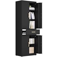 YITAHOME Aktenschrank verschließbar, Aufbewahrungsschrank mit 3 verstellbaren Regalen, Büro Aktenschrank mit Schublade, Stahl Büro Schrank für Büro Küche Garage, 180H cm x 60W cm x 34D cm, Schwarz
