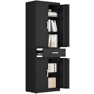 YITAHOME Aktenschrank verschließbar, Aufbewahrungsschrank mit 3 verstellbaren Regalen, Büro Aktenschrank mit Schublade, Stahl Büro Schrank für Büro Küche Garage, 180H cm x 60W cm x 34D cm, Schwarz