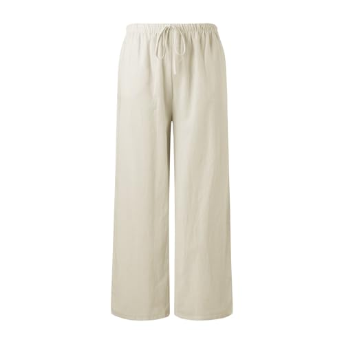 Women's Cotton Linen Summer Palazzo Pants Vacation Flowy Wide Leg Beach Trousers with Pockets4