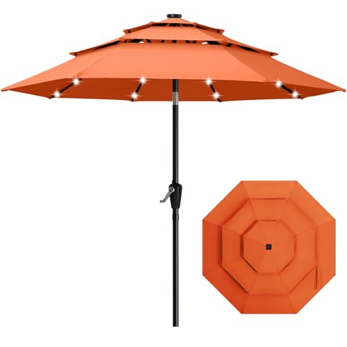ABCCANOPY 3-Tiers 9FT Solar Patio Umbrella, Outdoor Umbrella with 32 LED Lights for for Deck, Pool, Garden, Backyard (Orange)