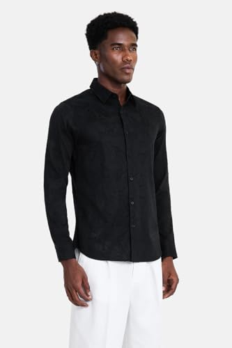 Image of SNITCH Men Shirt | Slim Fit Long Sleeve Spread Collar Jacquard Leaf Pattern | Premium Polyester Cotton Blend & Breathable Fabric for Elegant Events