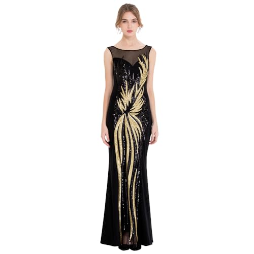 Angel-fashions Robe de soirée à paillettes dorées pour femme, Doré/noir, 48