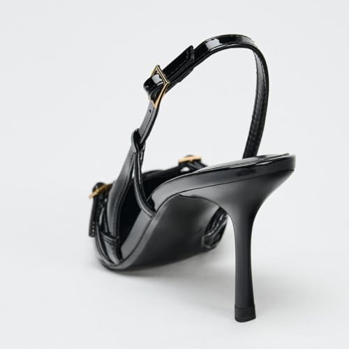Slingback Heels for Women Closed Pointed Toe Kitten Dress Pumps with Buckle Straps Stiletto Work High Heels Denim Heeled Sandal4