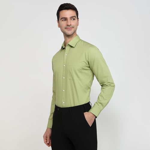 Image of Raymond Men Slim Fit Solid Pattern Pure Cotton Semicutaway Collar Full Sleeve Formal Shirt Green