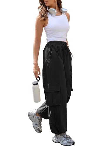 ZAFUL Cargo Pants for Women High Waisted Casual Pants Baggy Wide Leg Y2K Streetwear with 6 Pockets Drawstring Ankle Cuffs