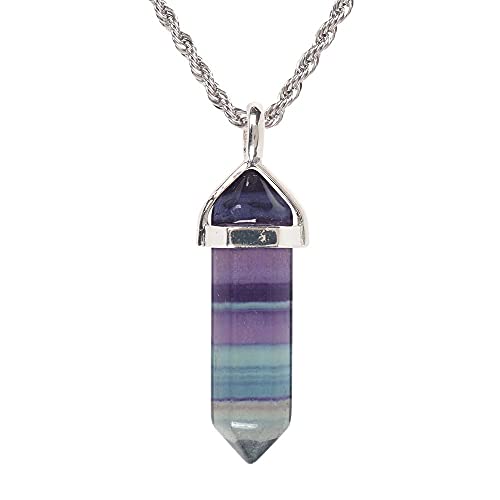 Natural Rainbow Fluorite Gemstone Hexagonal Pointed Reiki Chakra Pendant Necklace 20" High-Grade Iron Gift Box