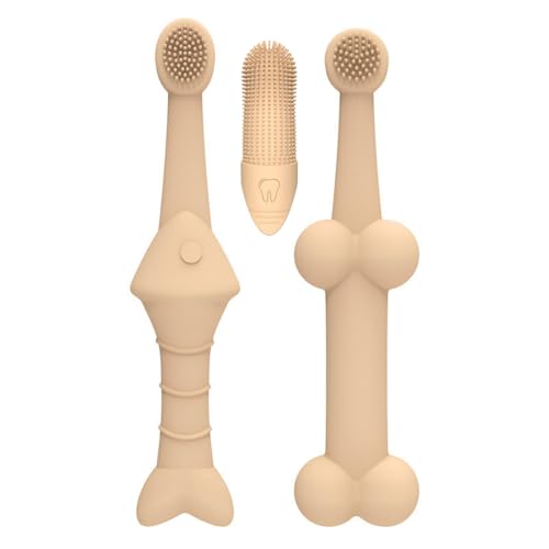 Image of JBD Dog Toothbrush and Cat Oral Care Set | Finger Toothbrush for Small /Large Pets | Puppy Tooth Brushing Kit with Double Sided Brush | Cleans Teeth & Removes Tartar | 3-Piece Pet Dental Care (Beige)