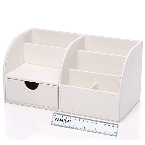 Vanra Pu Leather Desk Organizer With Drawer, Office Supplies Holder Desktop Stationery Storage Box For Business Card, Pen, Pencil, Mobile Phone Stand, Remote Caddy (White) #TOP26