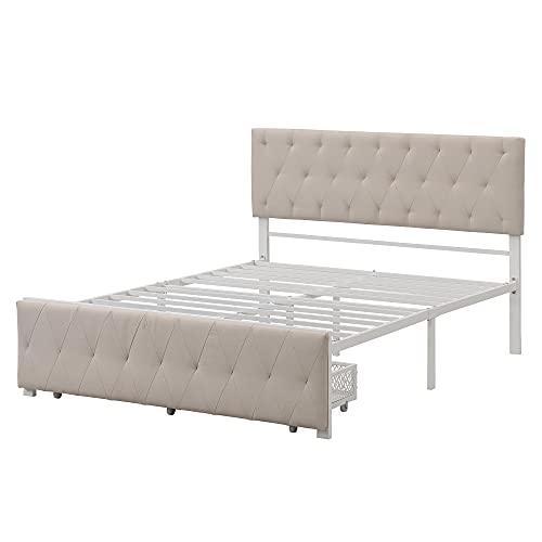 Meritline Full Size Metal Bed, Platform Bed Frame With Upholstered Headboard And Footboard, Metal Platform Bed With Drawer Storage No Box Spring Needed (Full Size, Beige) #TOP6