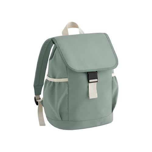 Image of BagBase Kids Adventure Backpack – Dusty Green, Recycled Polyester, Contrast Styling, Elasticated Side Pockets, Fold-Over Flap with Buckle & Drawstring Closure, Adjustable Straps, Made for Decoration