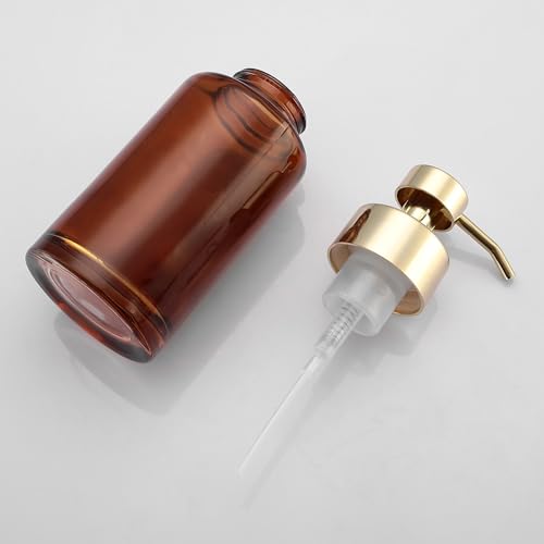 Image of H Halston Amber Glass Foaming Soap Pump Dispenser, Foaming Soap or Liquid handoap compatable, Durable, Refillable, Bathroom & Kitchen Countertop, Bathroom, Home Decor (Amber Glass with Gold Pump top)