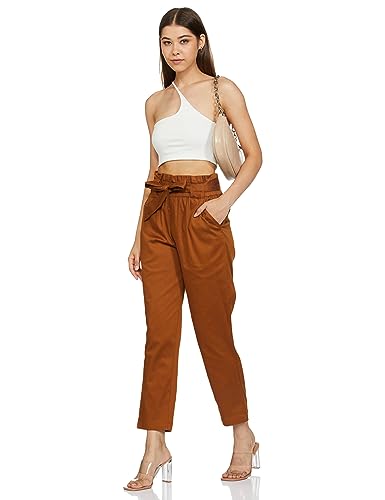 Image of Amazon Brand - Symbol Women's Slim High Rise Ankle Length Tapered Paper Bag Formal Trousers (with Self Fabric Belt) (Available in Plus Sizes)