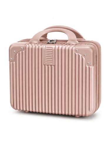 Image of BLUE BEADS Travel Makeup Case with Lock & Luggage Strap, ABS Hard Shell Cosmetic Vanity Case, Portable Makeup Organizer for Women, Beauty Storage Box for Makeup & Toiletries (Rosegold, Model 3)