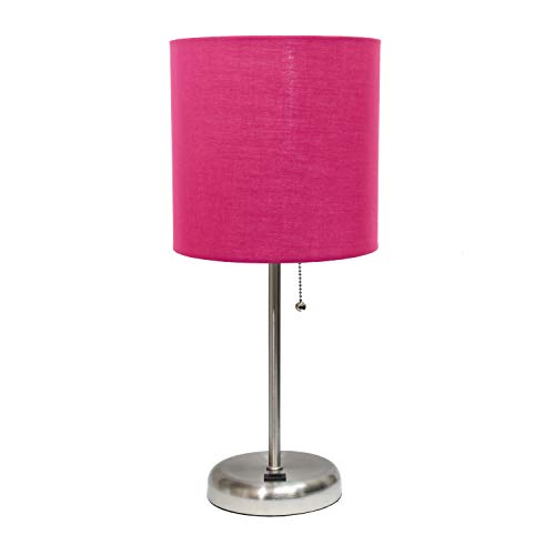 Limelights LT2044-PNK Stick USB Charging Port and Fabric Shade Table Lamp, Brushed Steel/Pink