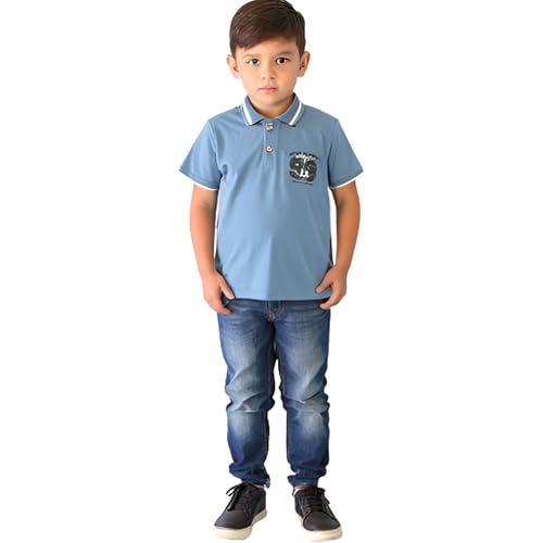 TotzTouch Boys Premium Polo Collar Tshirt with Stylish Chest Print Raglon Printed Sleeve Cobalt Green Color Age 13 to 14 Years - Image 2 thumbnail